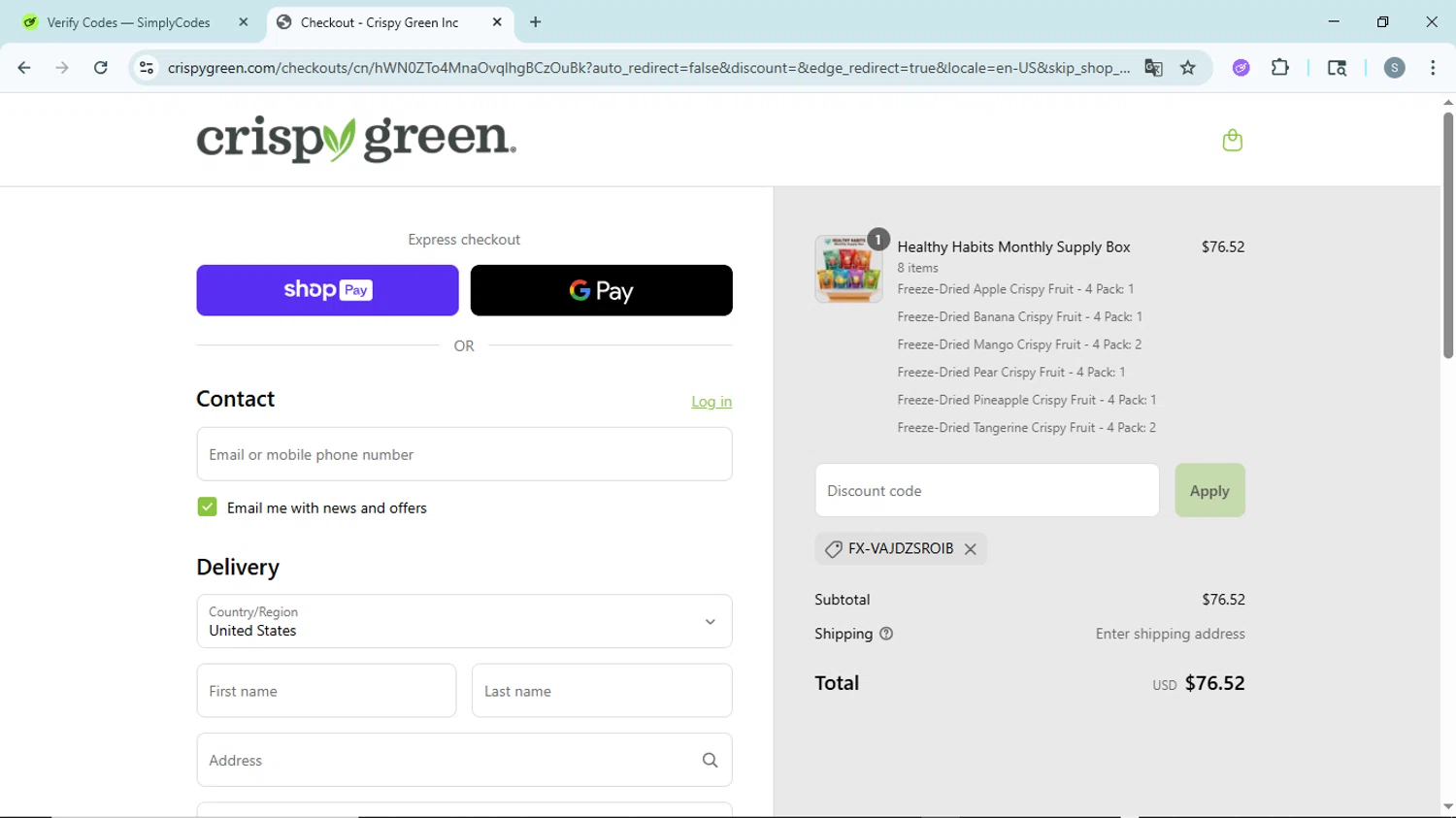 Crispy Green promo code screenshot showing code FX-VAJDZSROIB applied at Crispy Green checkout page. Uploaded by SimplyCodes community member EpicScholar6418 on Jul 13, 2025