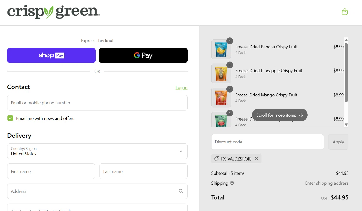Crispy Green promo code screenshot showing code FX-VAJDZSROIB applied at Crispy Green checkout page. Uploaded by SimplyCodes community member Gray_75 on Mar 24, 2025