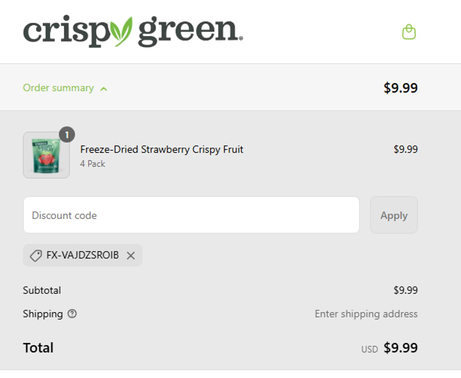Crispy Green promo code screenshot showing code FX-VAJDZSROIB applied at Crispy Green checkout page. Uploaded by SimplyCodes community member Hendrix on Aug 8, 2025