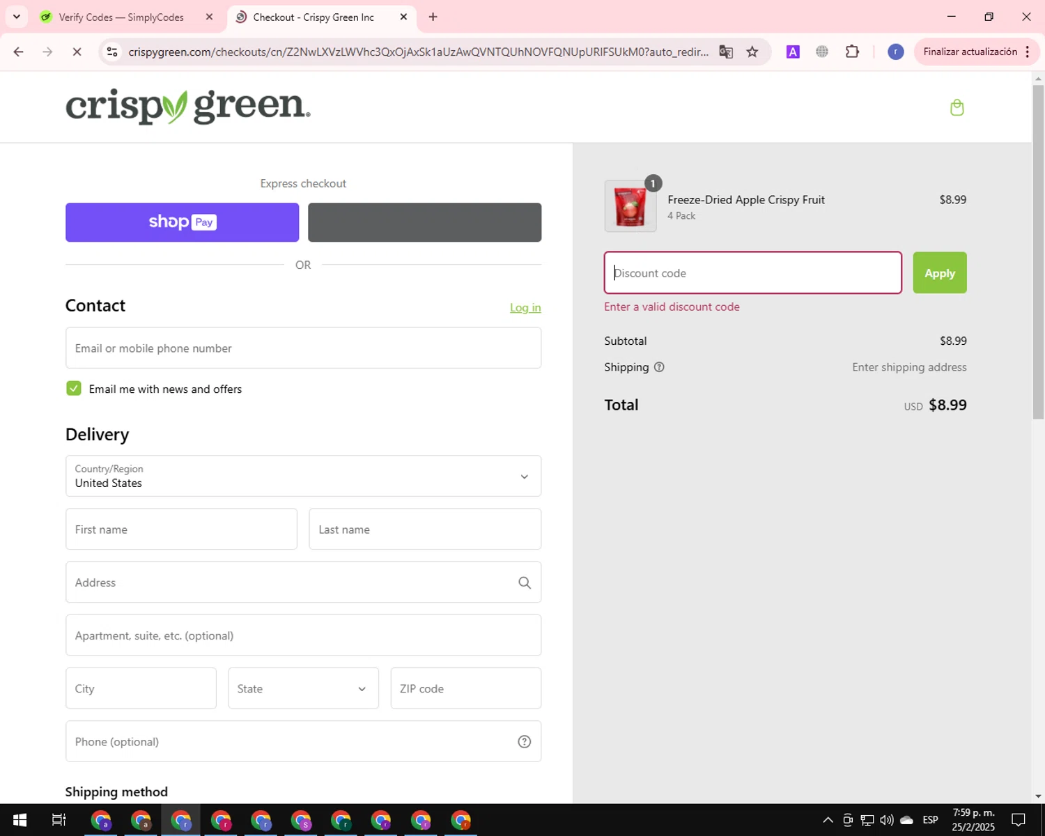 Crispy Green promo code screenshot showing code XOXO20 applied at Crispy Green checkout page. Uploaded by SimplyCodes community member QuestLion3125 on Feb 26, 2025