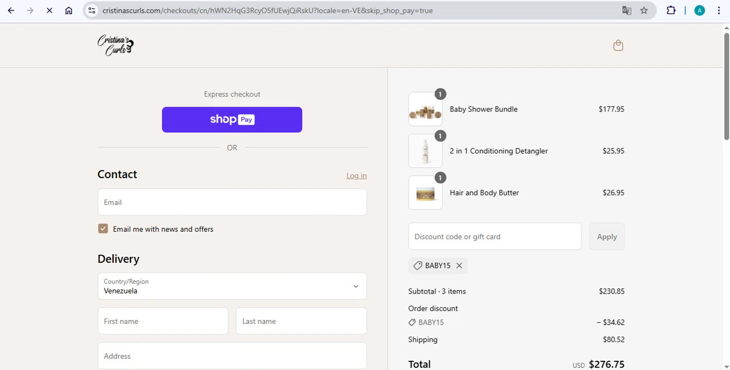 Cristina's Curls promo code screenshot showing code BABY15 applied at Cristina's Curls checkout page. Uploaded by SimplyCodes community member AlexSierra on Aug 27, 2025