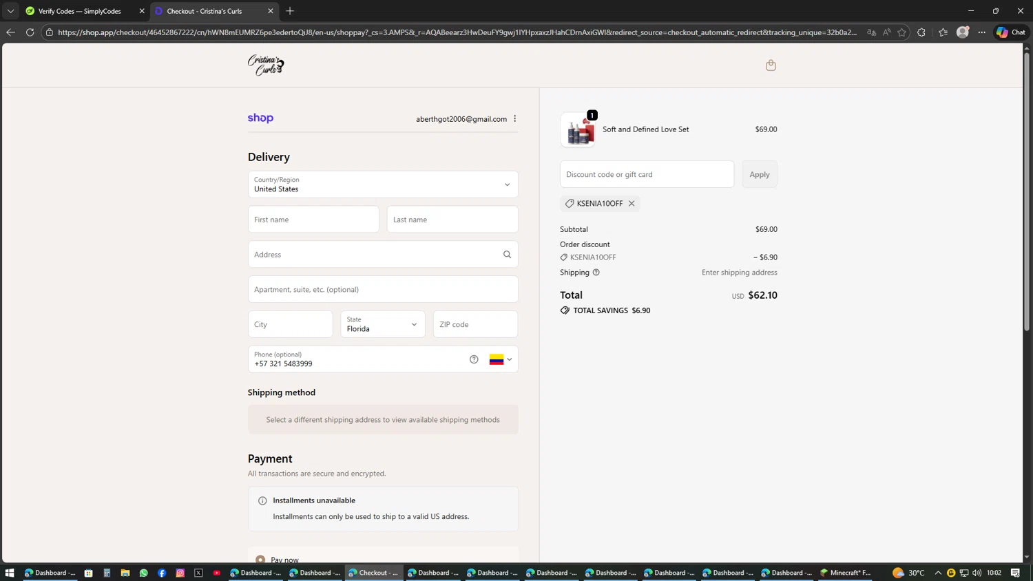 Cristina's Curls promo code screenshot showing code KSENIA10OFF applied at Cristina's Curls checkout page. Uploaded by SimplyCodes community member AVATIGRITO on Feb 14, 2026