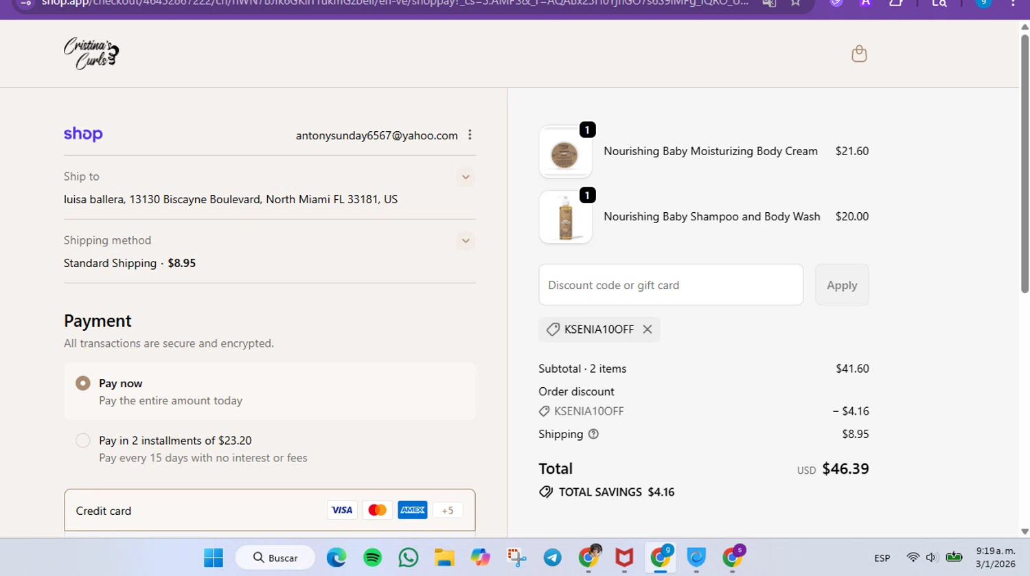 Cristina's Curls promo code screenshot showing code KSENIA10OFF applied at Cristina's Curls checkout page. Uploaded by SimplyCodes community member FrugalVirtuoso6318 on Jan 3, 2026