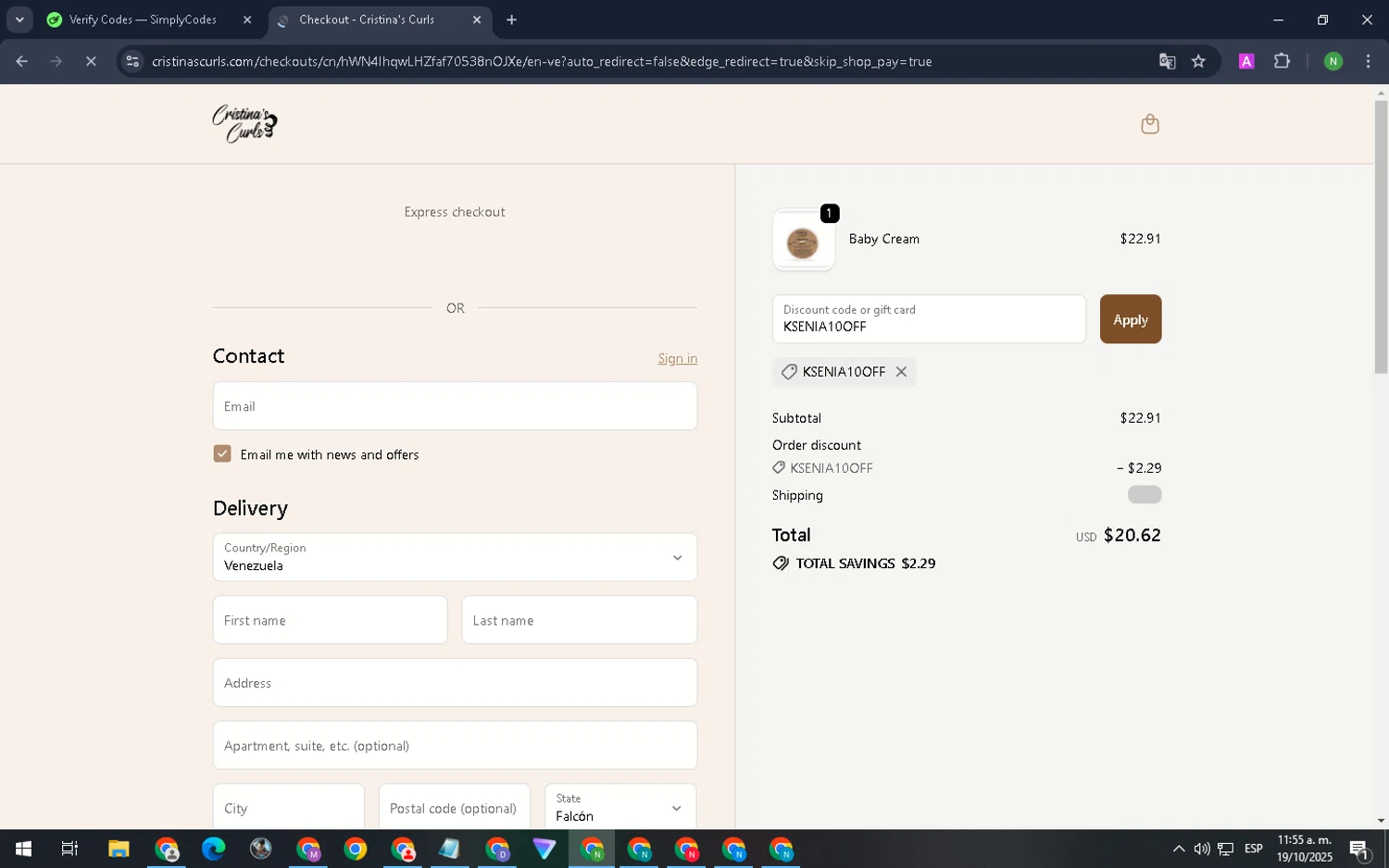 Cristina's Curls promo code screenshot showing code KSENIA10OFF applied at Cristina's Curls checkout page. Uploaded by SimplyCodes community member LuckyKnight4806 on Oct 19, 2025