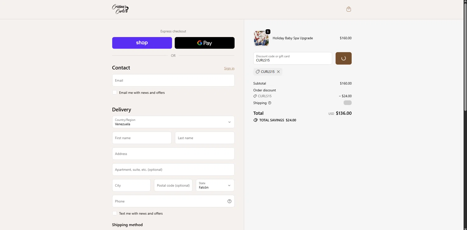 Cristina's Curls promo code screenshot showing code CURLS15 applied at Cristina's Curls checkout page. Uploaded by SimplyCodes community member ValueGenius9720 on Dec 6, 2025