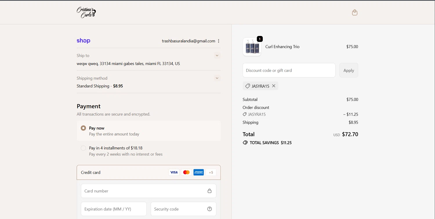 Cristina's Curls promo code screenshot showing code jasyra15 applied at Cristina's Curls checkout page. Uploaded by SimplyCodes community member Teresa on Oct 7, 2025