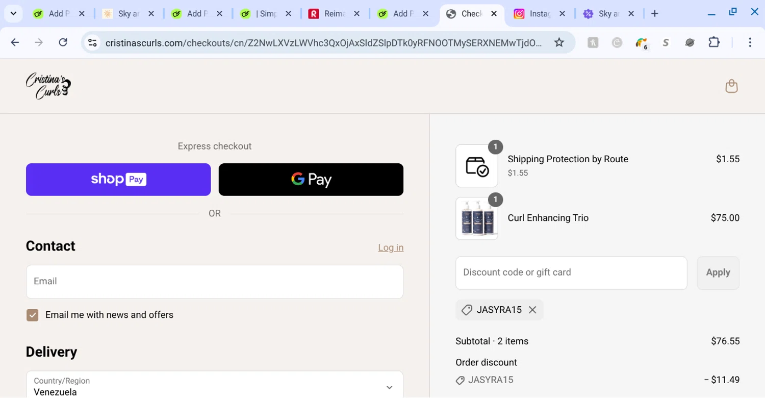Cristina's Curls promo code screenshot showing code jasyra15 applied at Cristina's Curls checkout page. Uploaded by SimplyCodes community member KarinaHZ on Jun 4, 2025