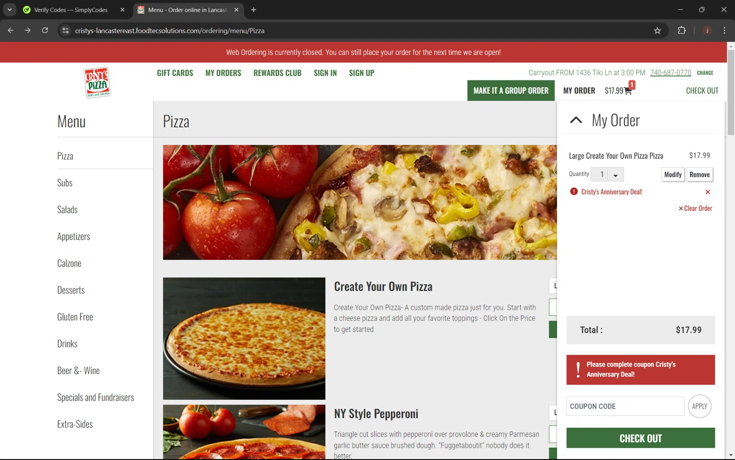 Cristy's Pizza checkout page showing Cristy's Pizza coupon code box | Screenshot taken by SimplyCodes community member on Oct 4, 2024