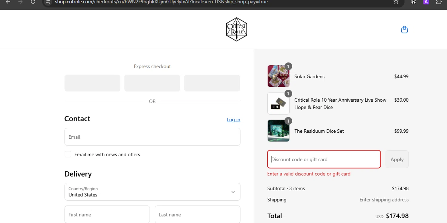 Critical Role discount code screenshot showing code BEACONHEART applied at Critical Role checkout page. Uploaded by SimplyCodes community member Eminem on Aug 26, 2025
