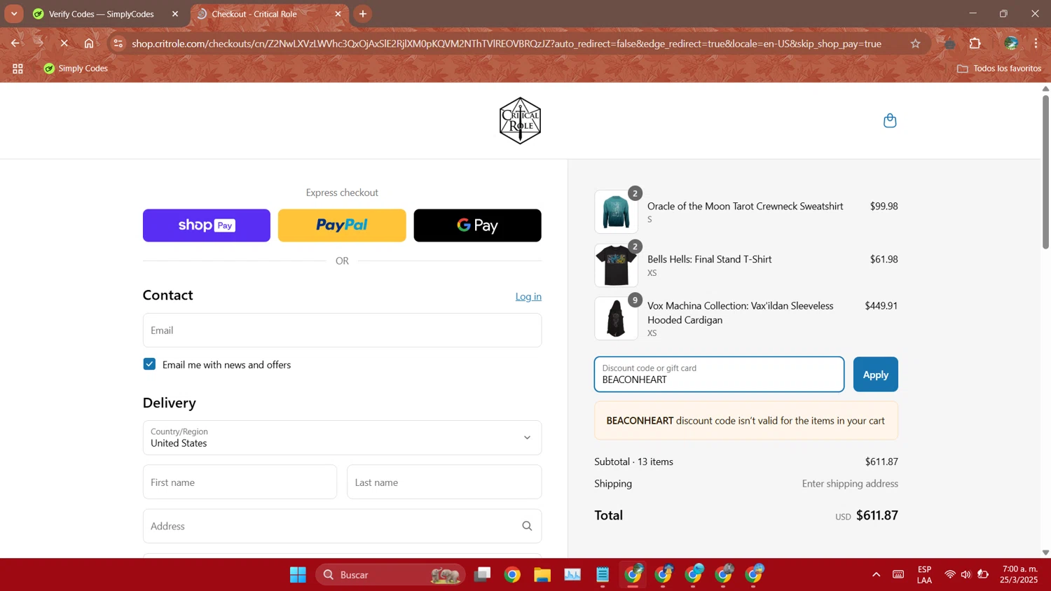 Critical Role discount code screenshot showing code BEACONHEART applied at Critical Role checkout page. Uploaded by SimplyCodes community member ExtraordinaryMaverick5972 on Mar 25, 2025
