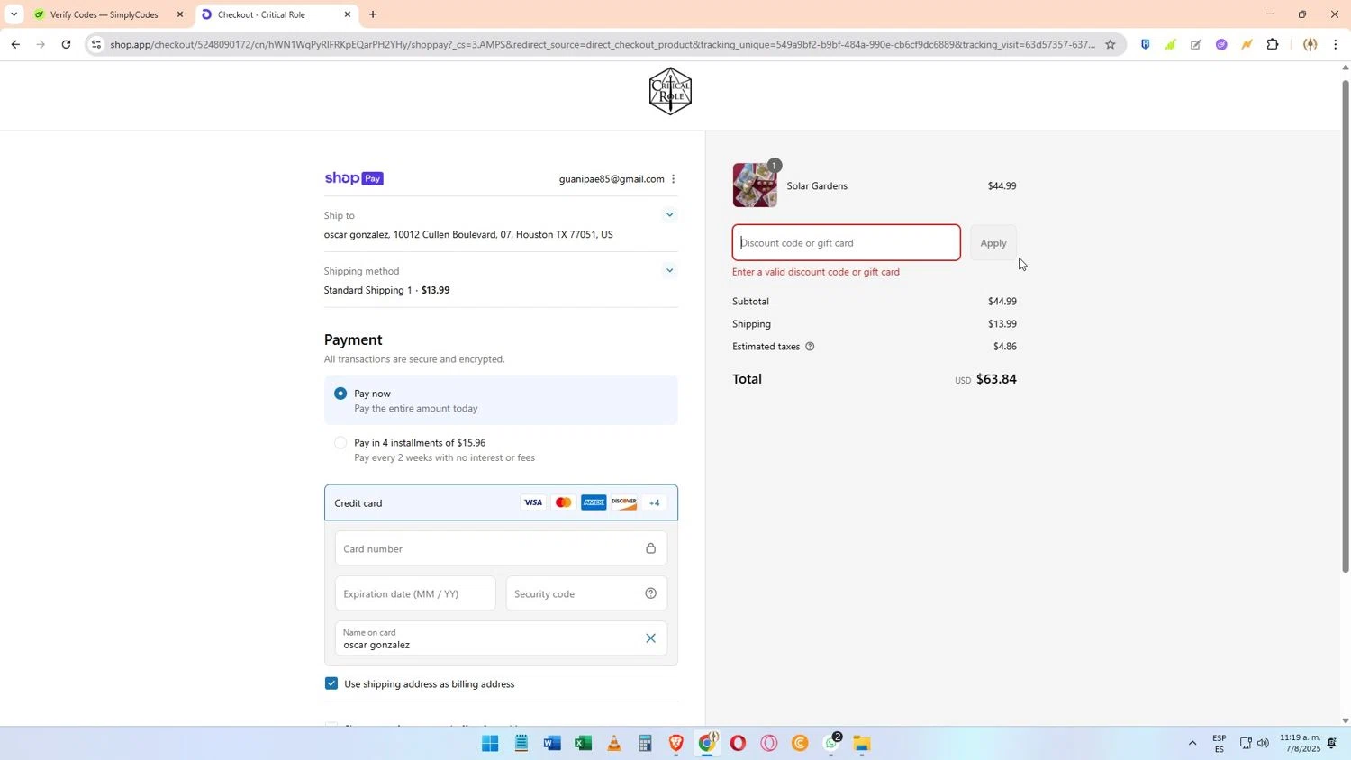 Critical Role discount code screenshot showing code welcomesms applied at Critical Role checkout page. Uploaded by SimplyCodes community member Elimix on Aug 7, 2025