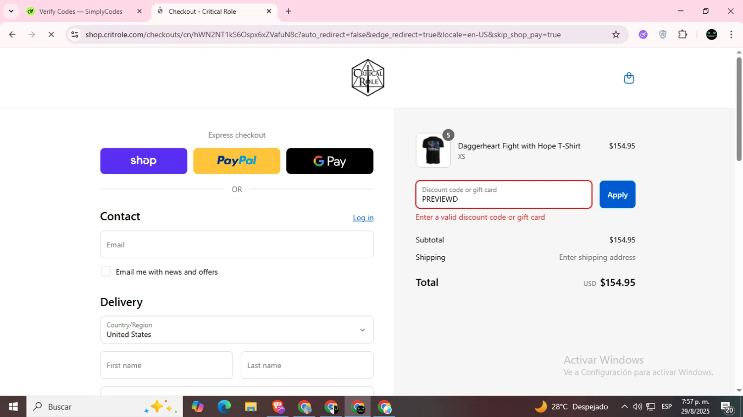 Critical Role discount code screenshot showing code PREVIEWD applied at Critical Role checkout page. Uploaded by SimplyCodes community member BargainWizard5755 on Aug 29, 2025
