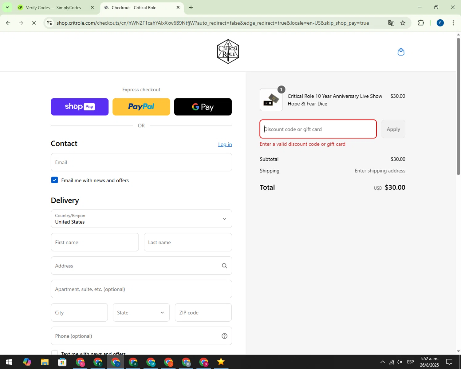 Critical Role discount code screenshot showing code PREVIEWD applied at Critical Role checkout page. Uploaded by SimplyCodes community member PromoSpotter9993 on Aug 26, 2025