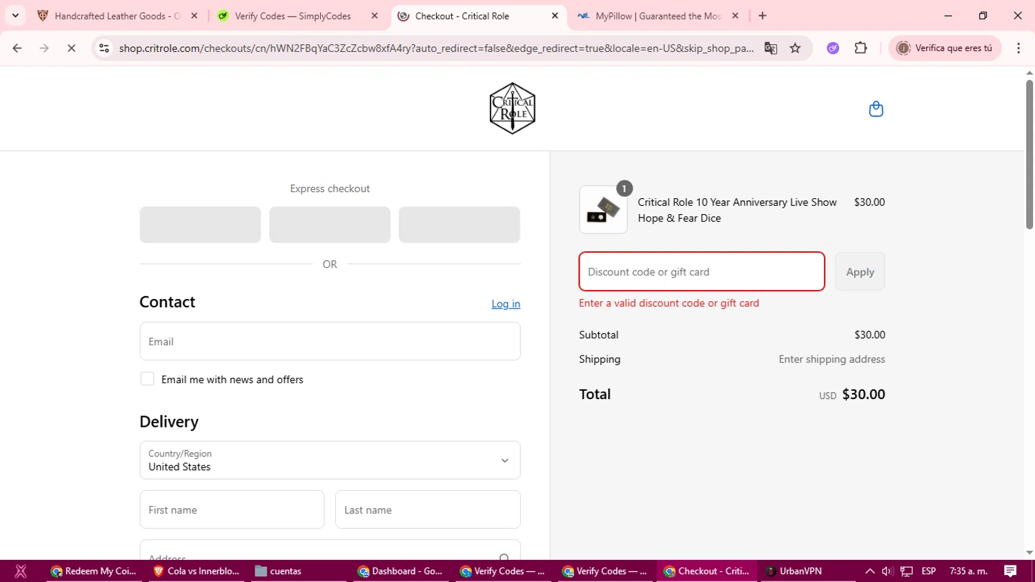 Critical Role discount code screenshot showing code PREVIEWD applied at Critical Role checkout page. Uploaded by SimplyCodes community member xcvcxvsave on Aug 26, 2025