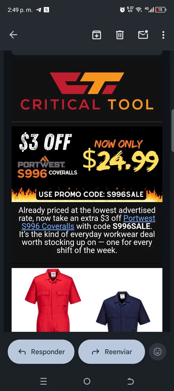 Critical Tool promo code screenshot showing code S996SALE applied at Critical Tool checkout page. Uploaded by SimplyCodes community member kellymoreno on May 29, 2026