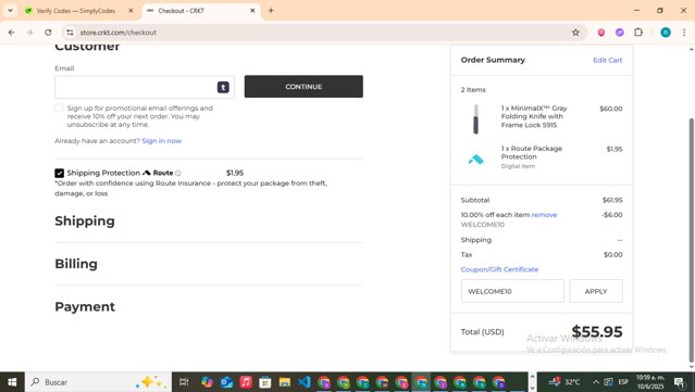CRKT Knives checkout page showing CRKT Knives promo code box | Screenshot taken by SimplyCodes community member on Jun 10, 2025