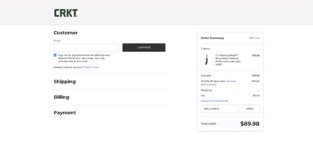 CRKT Knives checkout page showing CRKT Knives promo code box | Screenshot taken by SimplyCodes community member on May 27, 2025