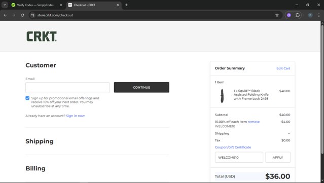 CRKT Knives checkout page showing CRKT Knives promo code box | Screenshot taken by SimplyCodes community member on May 6, 2025