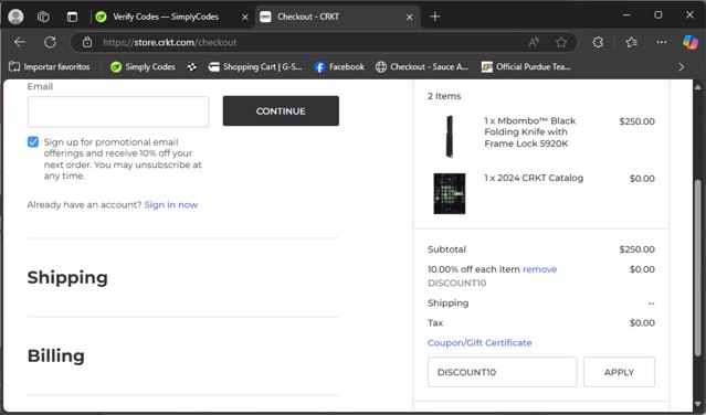CRKT Knives checkout page showing CRKT Knives promo code box | Screenshot taken by SimplyCodes community member on Mar 18, 2025