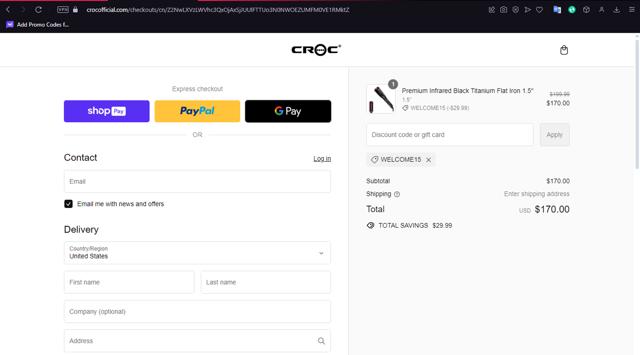CROC Hair Professional checkout page showing CROC Hair Professional promo code box | Screenshot taken by SimplyCodes community member on Jul 15, 2024