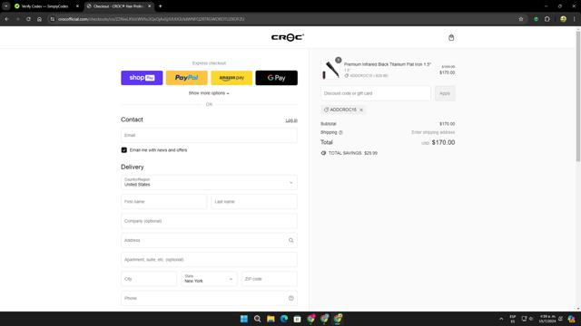 CROC Hair Professional checkout page showing CROC Hair Professional promo code box | Screenshot taken by SimplyCodes community member on Jul 15, 2024