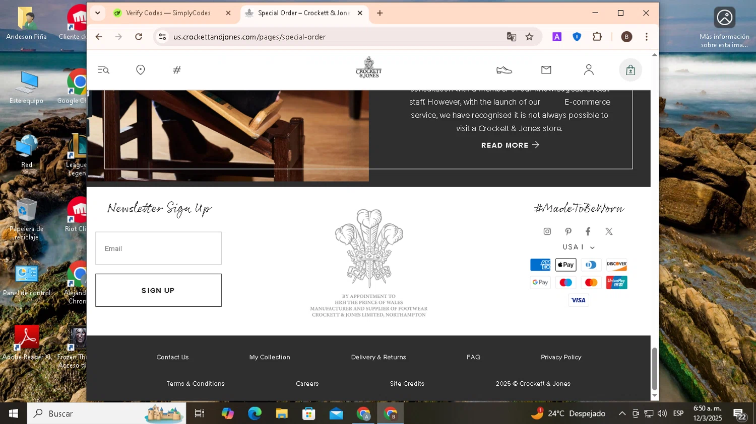 Crockett & Jones US promo code screenshot showing code 0803FREESHIP applied at Crockett & Jones US checkout page. Uploaded by SimplyCodes community member KHAL_DROGO on Mar 12, 2025