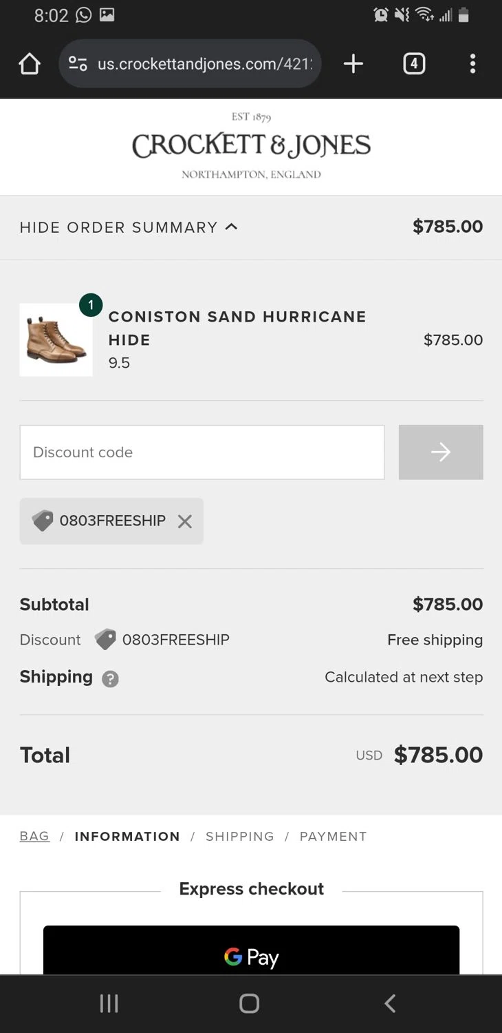 Crockett & Jones US checkout page showing Crockett & Jones US promo code box | Screenshot taken by SimplyCodes community member on Mar 8, 2024