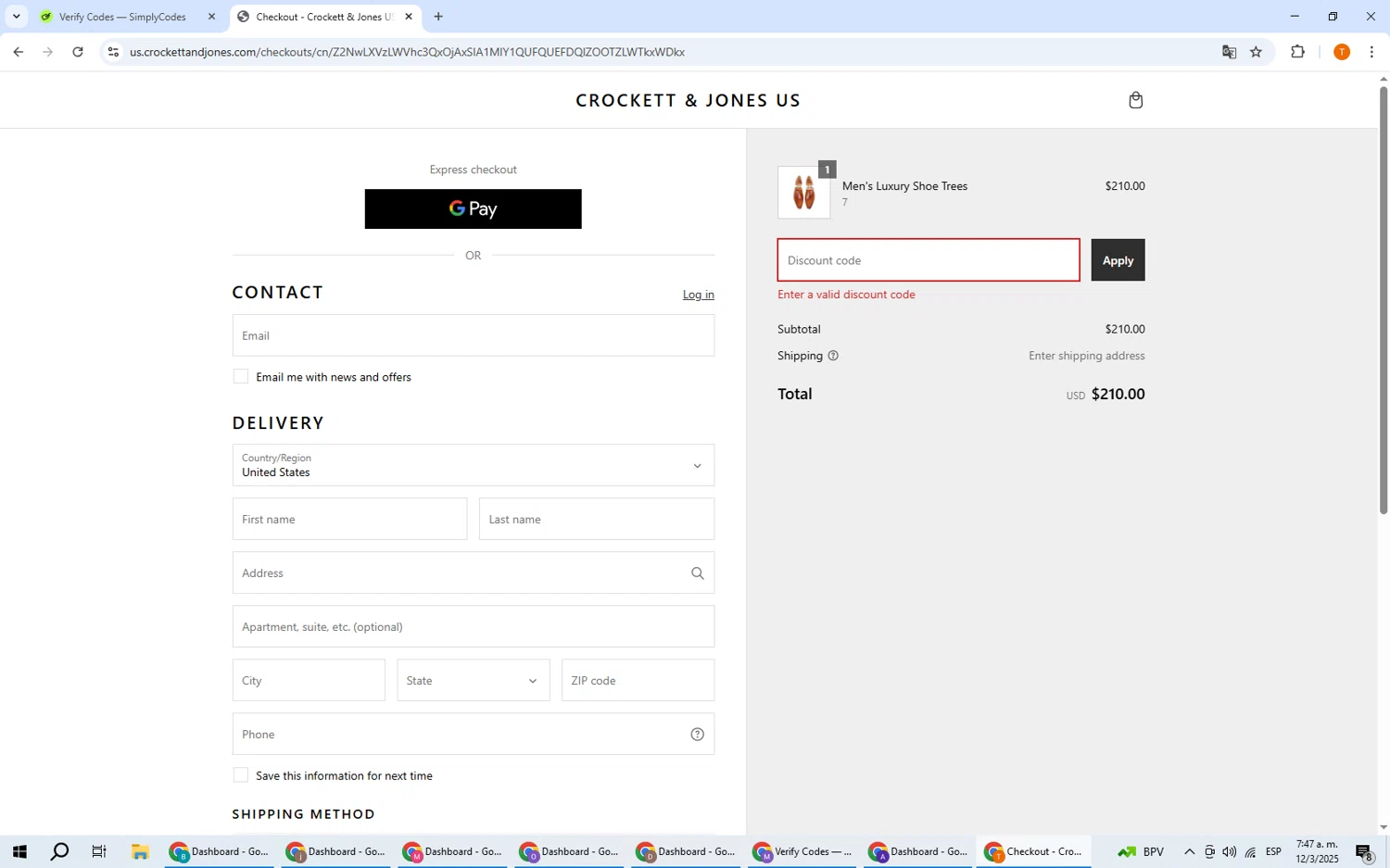 Crockett & Jones US promo code screenshot showing code 0803FREESHIP applied at Crockett & Jones US checkout page. Uploaded by SimplyCodes community member EpicHero3141 on Mar 12, 2025