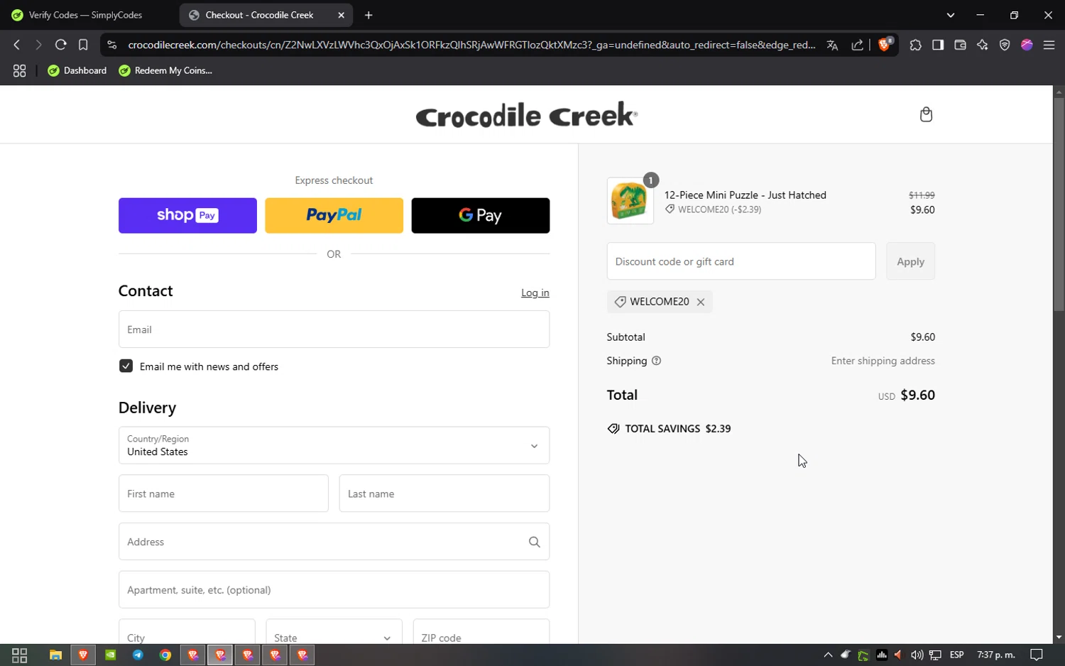 Crocodile Creek promo code screenshot showing code WELCOME20 applied at Crocodile Creek checkout page. Uploaded by SimplyCodes community member Doomslayer on Feb 21, 2025