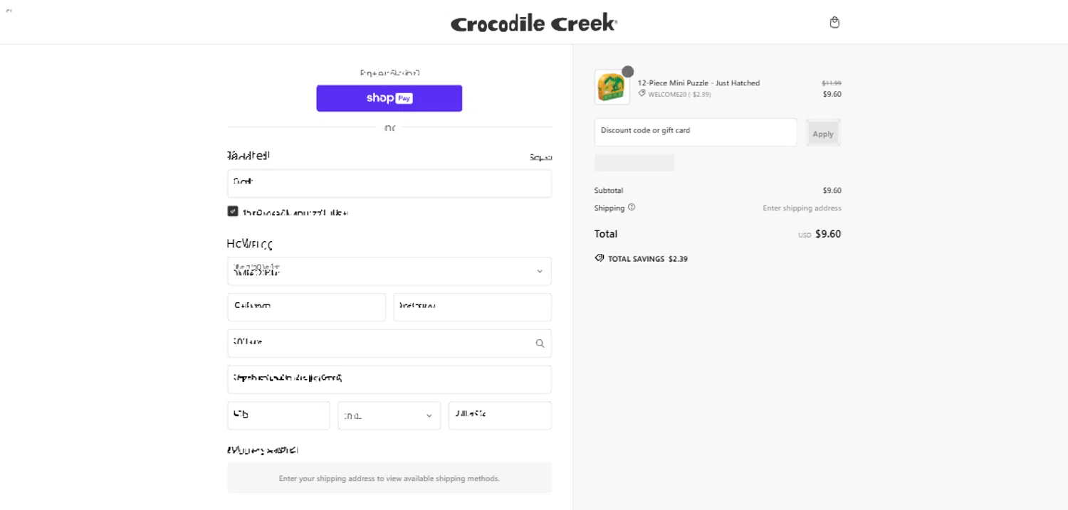 Crocodile Creek promo code screenshot showing code WELCOME20 applied at Crocodile Creek checkout page. Uploaded by SimplyCodes community member RewardTitan728 on Feb 22, 2025
