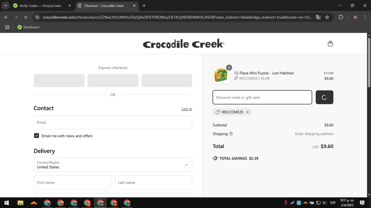 Crocodile Creek promo code screenshot showing code WELCOME20 applied at Crocodile Creek checkout page. Uploaded by SimplyCodes community member CouponWizard2714 on Apr 3, 2025