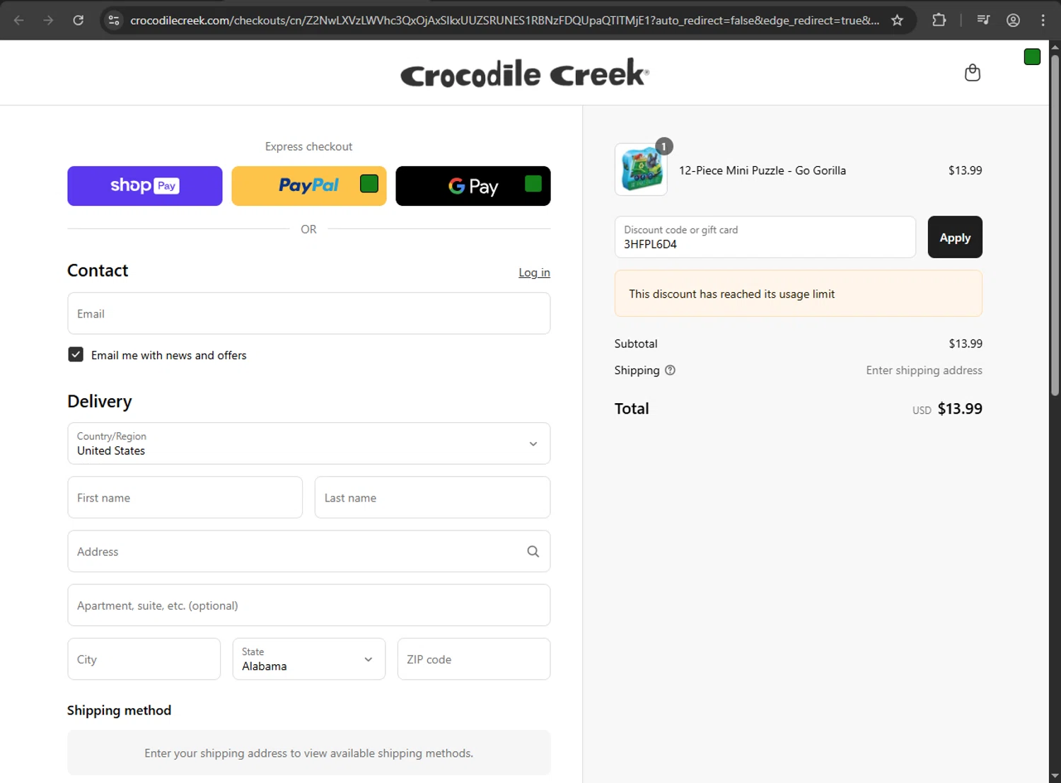 Crocodile Creek promo code screenshot showing code 3HFPL6D4 applied at Crocodile Creek checkout page. Uploaded by SimplyCodes community member fiadaz on Jun 18, 2025