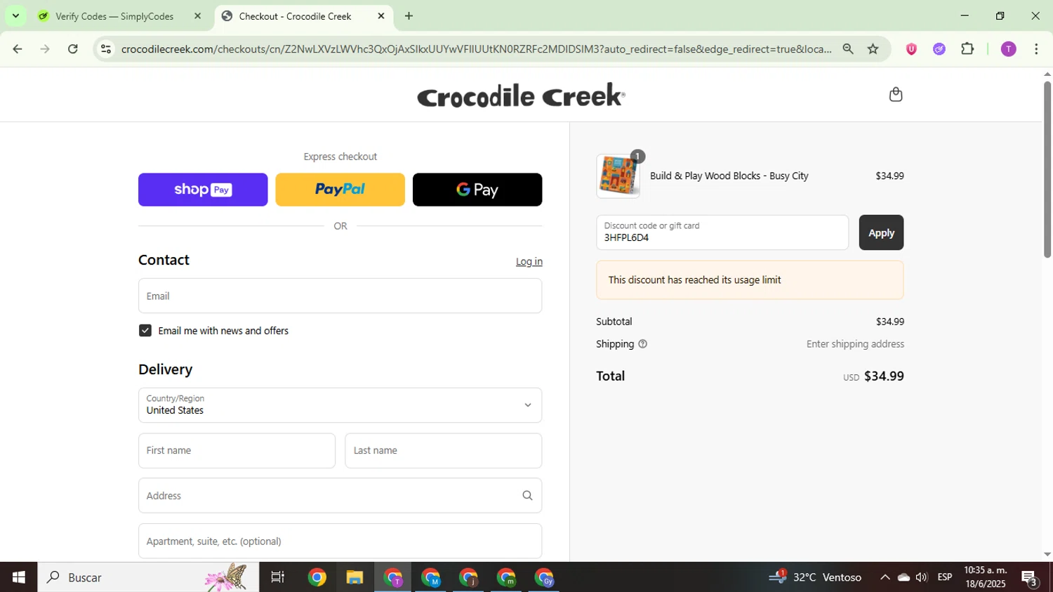 Crocodile Creek promo code screenshot showing code 3HFPL6D4 applied at Crocodile Creek checkout page. Uploaded by SimplyCodes community member ThriftyCurator4085 on Jun 18, 2025