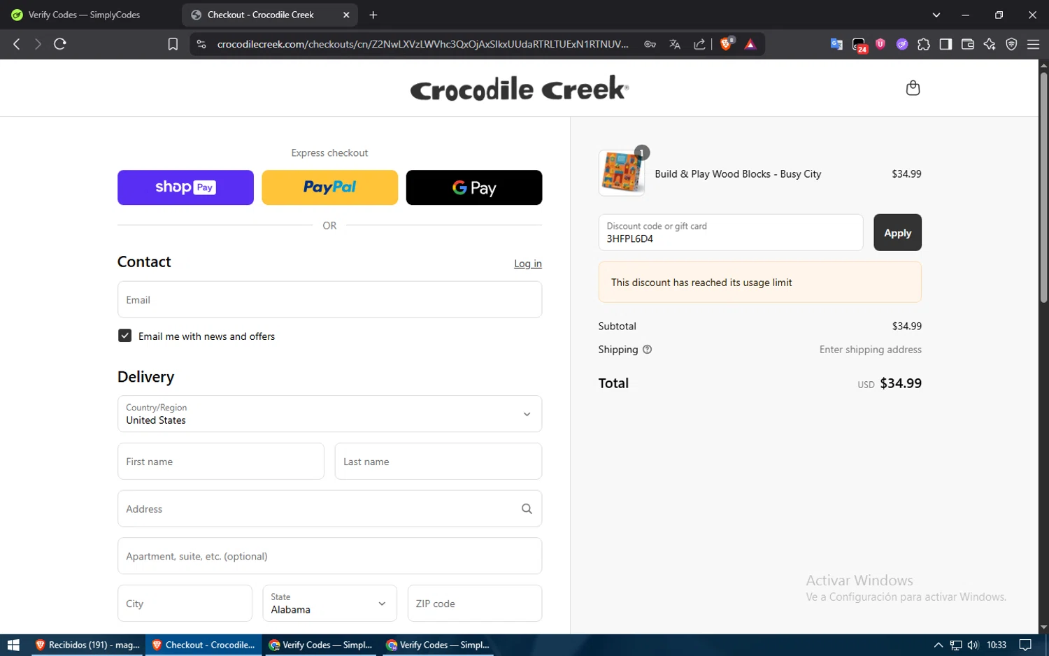 Crocodile Creek promo code screenshot showing code 3HFPL6D4 applied at Crocodile Creek checkout page. Uploaded by SimplyCodes community member usuario500 on Jun 18, 2025