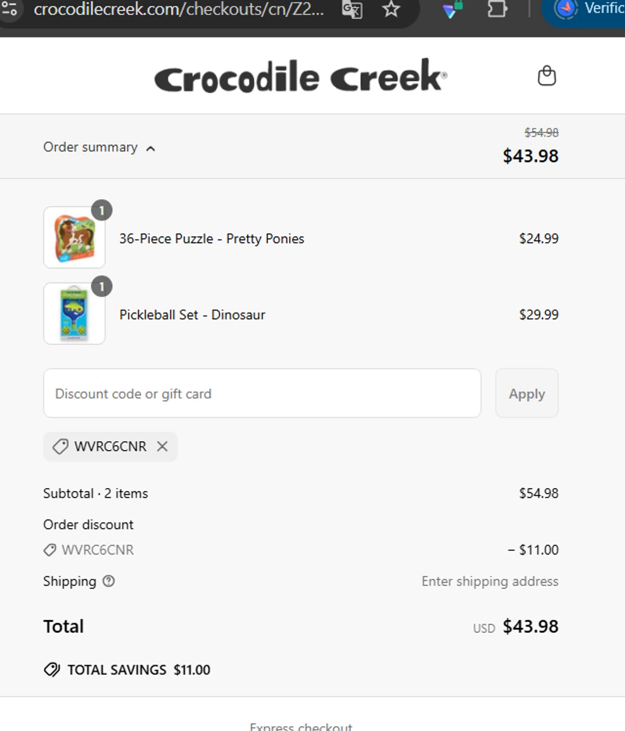 Crocodile Creek promo code screenshot showing code WVRC6CNR applied at Crocodile Creek checkout page. Uploaded by SimplyCodes community member LaCalix3000 on Jun 3, 2025
