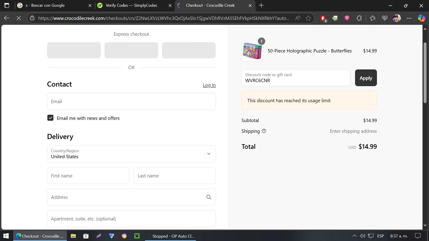 Crocodile Creek promo code screenshot showing code WVRC6CNR applied at Crocodile Creek checkout page. Uploaded by SimplyCodes community member jhonfreddyjose on Jul 2, 2025