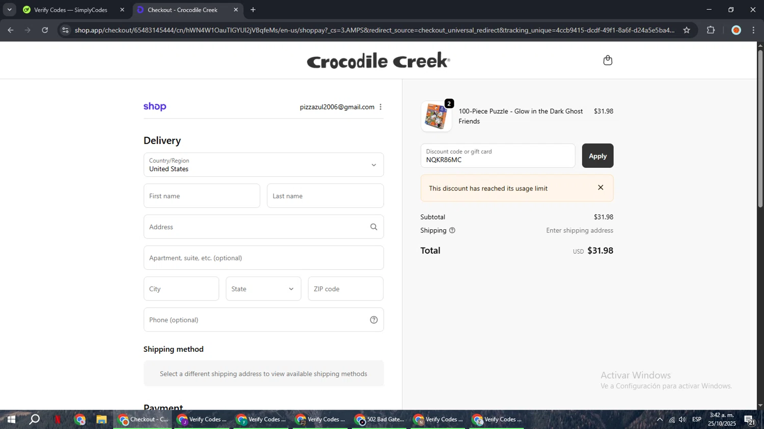 Crocodile Creek promo code screenshot showing code NQKR86MC applied at Crocodile Creek checkout page. Uploaded by SimplyCodes community member BonusCaptain9927 on Oct 25, 2025