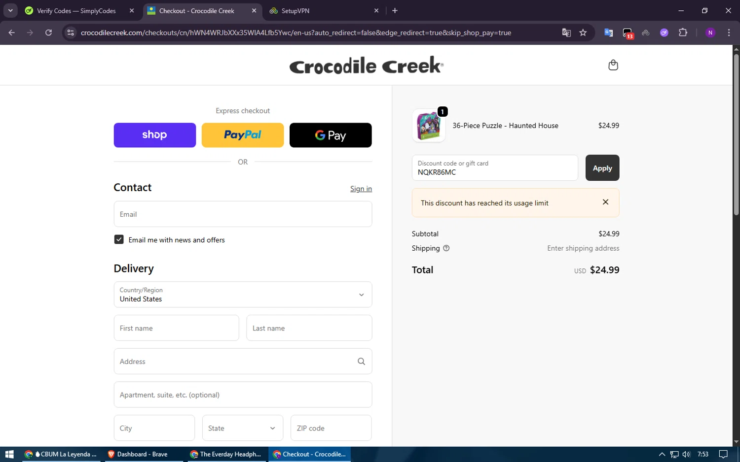 Crocodile Creek promo code screenshot showing code NQKR86MC applied at Crocodile Creek checkout page. Uploaded by SimplyCodes community member ShieldElite2370 on Oct 25, 2025