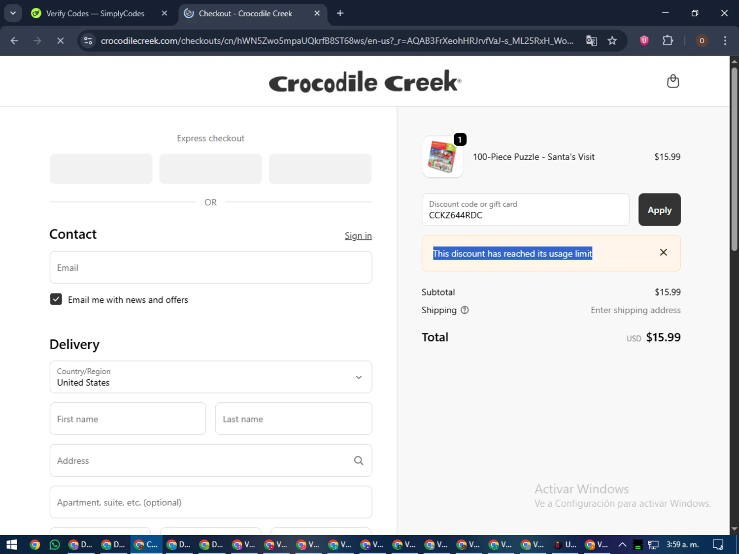 Crocodile Creek promo code screenshot showing code CCKZ644RDC applied at Crocodile Creek checkout page. Uploaded by SimplyCodes community member Legendar on Nov 22, 2025