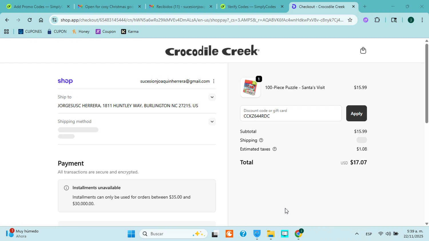Crocodile Creek promo code screenshot showing code CCKZ644RDC applied at Crocodile Creek checkout page. Uploaded by SimplyCodes community member jorgejavierherrera on Nov 22, 2025