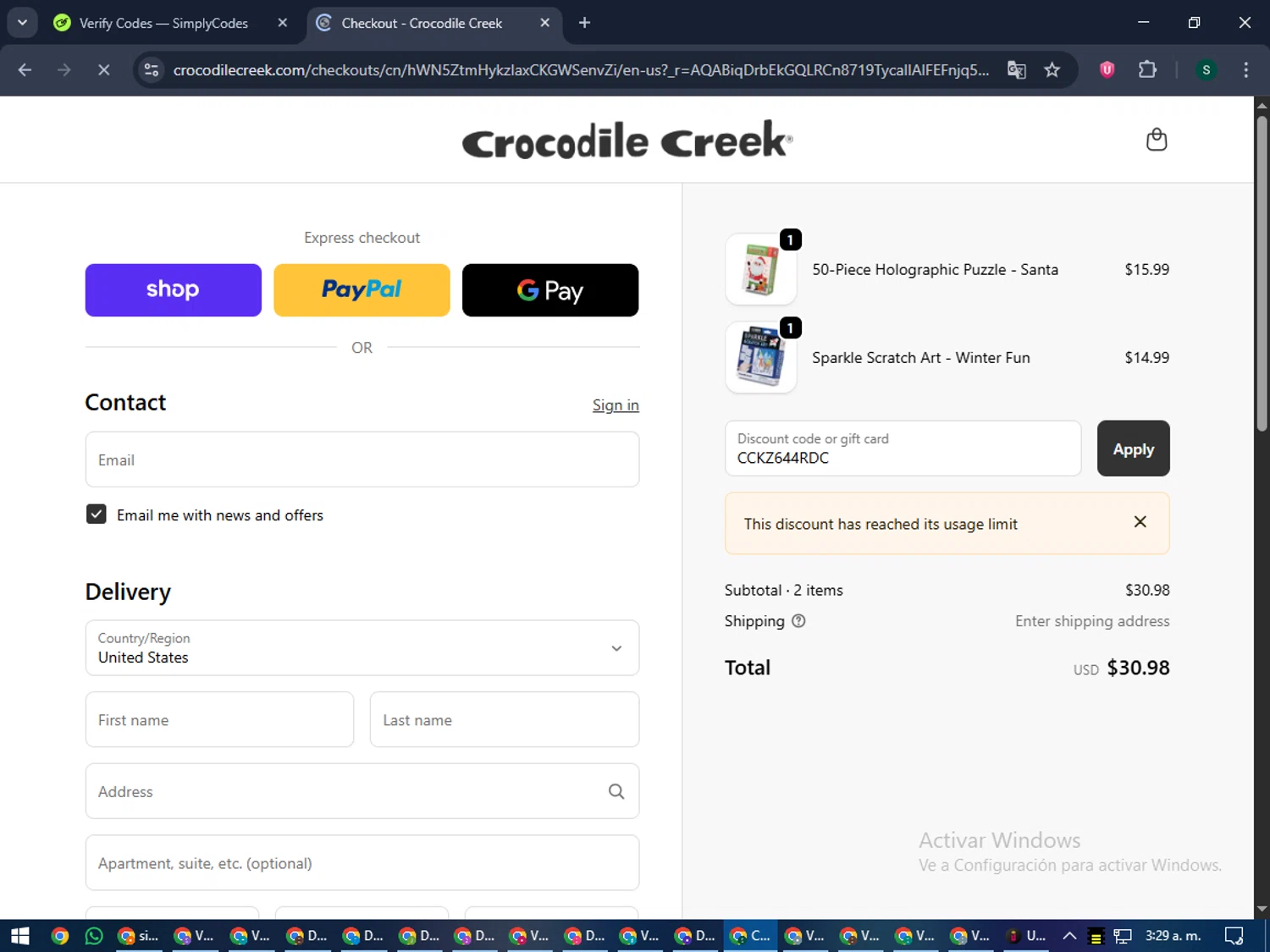 Crocodile Creek promo code screenshot showing code CCKZ644RDC applied at Crocodile Creek checkout page. Uploaded by SimplyCodes community member lilMosey on Nov 22, 2025
