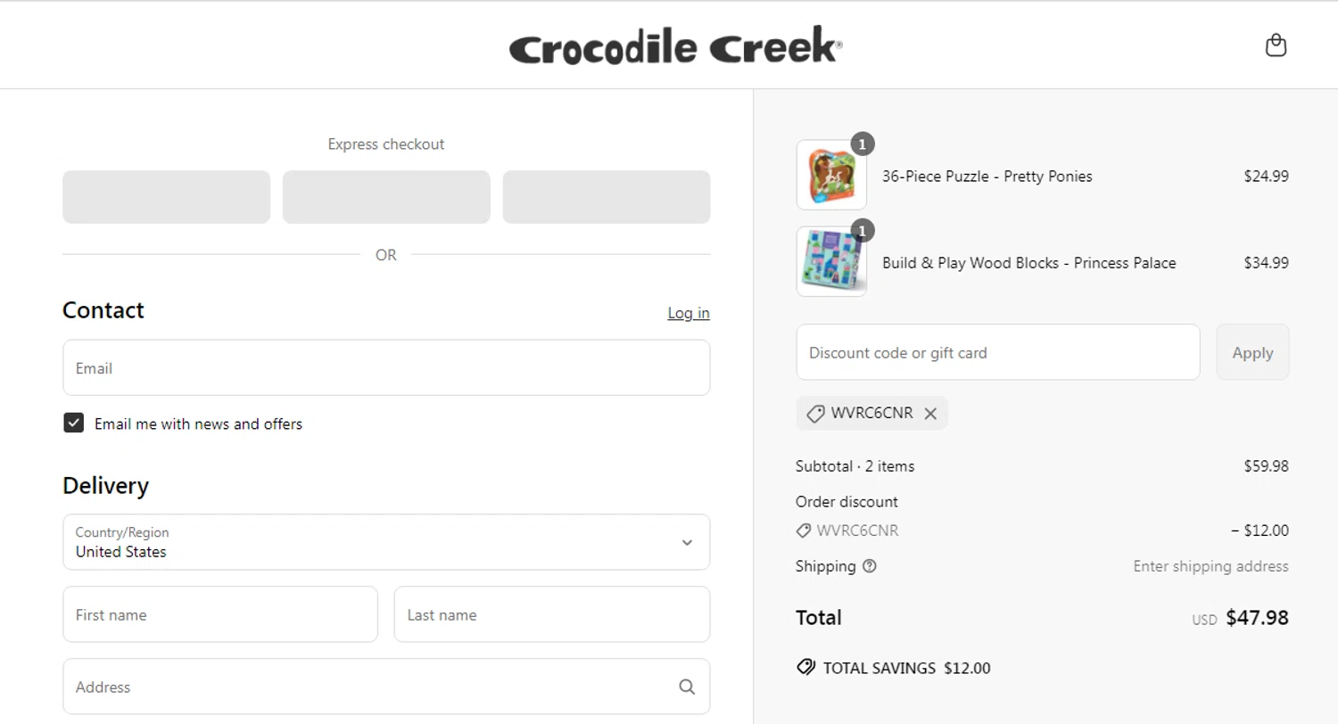 Crocodile Creek promo code screenshot showing code WVRC6CNR applied at Crocodile Creek checkout page. Uploaded by SimplyCodes community member RonaldAcunaJr on Jun 3, 2025