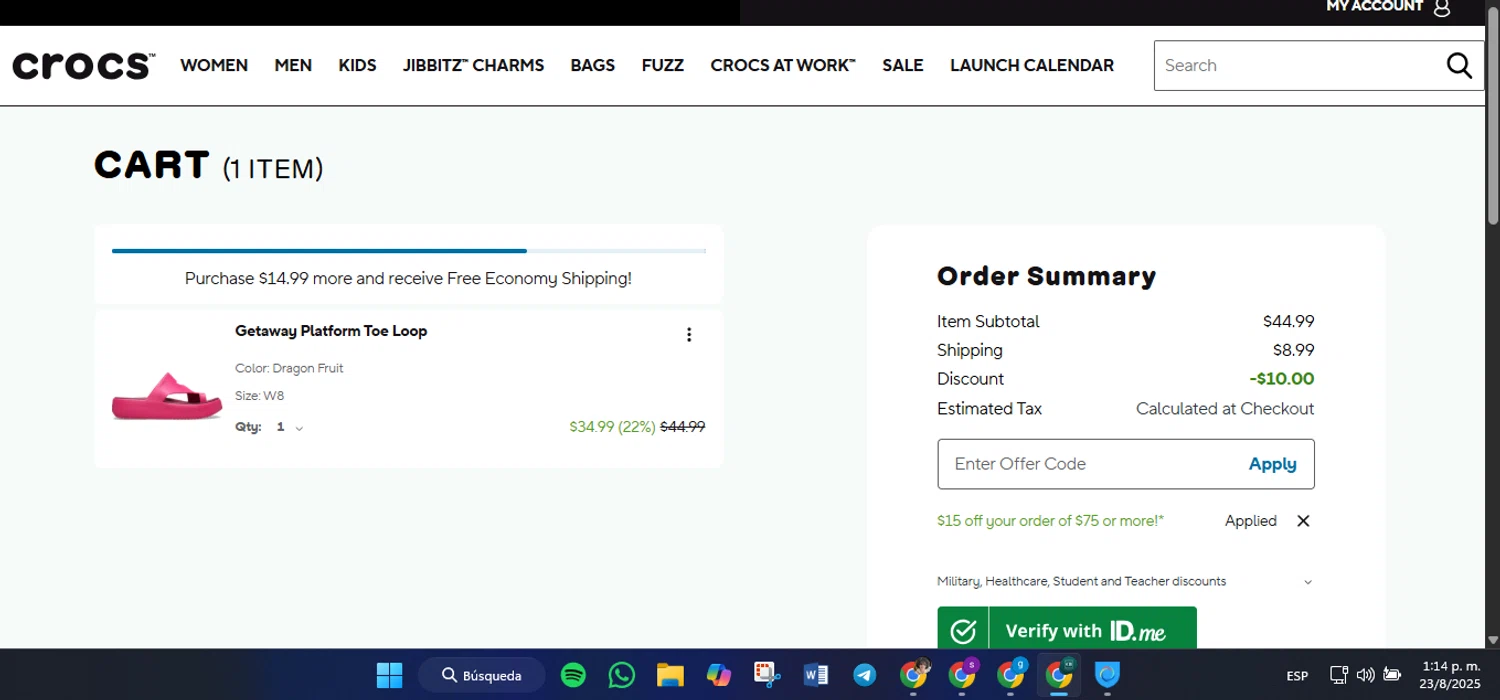 Crocs promo code screenshot showing code VISA15 applied at Crocs checkout page. Uploaded by SimplyCodes community member Charly2607 on Aug 23, 2025