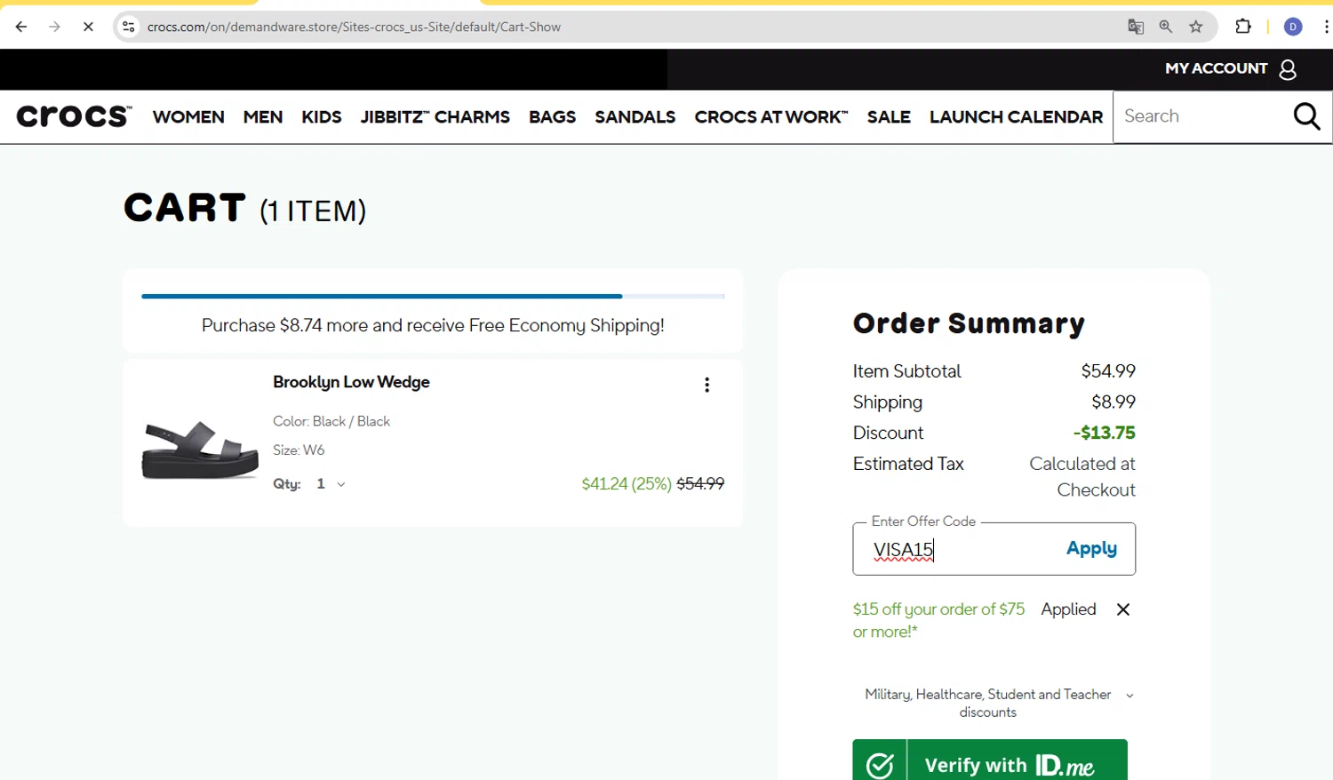 Crocs promo code screenshot showing code VISA15 applied at Crocs checkout page. Uploaded by SimplyCodes community member d566ty on Aug 10, 2025