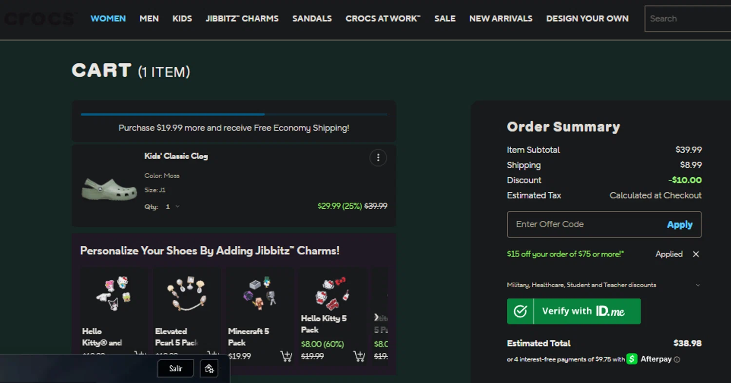 Crocs promo code screenshot showing code VISA15 applied at Crocs checkout page. Uploaded by SimplyCodes community member idkxxx on Jul 29, 2025