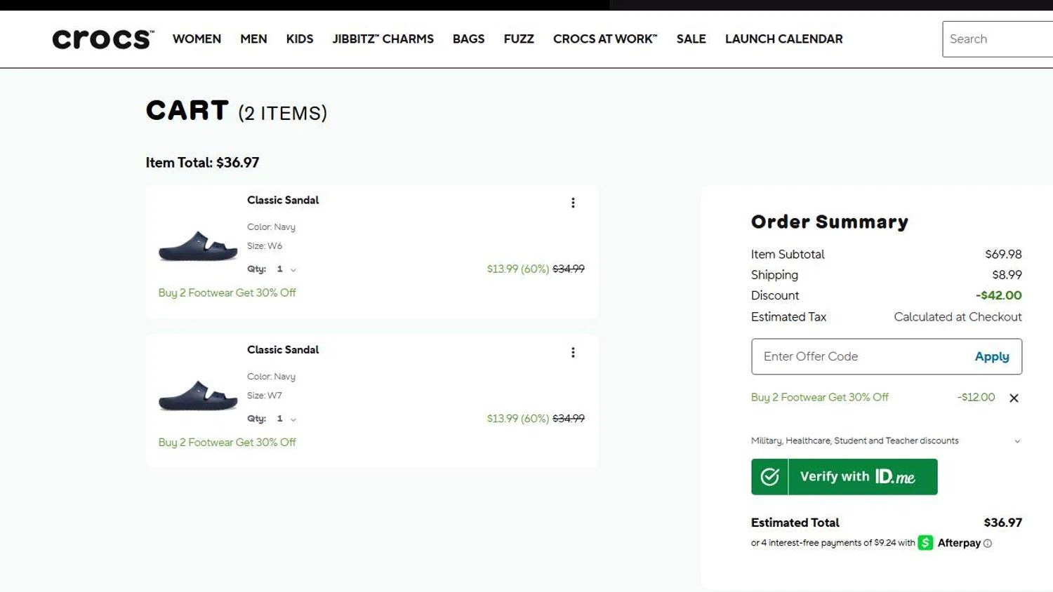 Crocs promo code screenshot showing code BUNDLEUP30 applied at Crocs checkout page. Uploaded by SimplyCodes community member 6d796e616d656973 on Aug 27, 2025