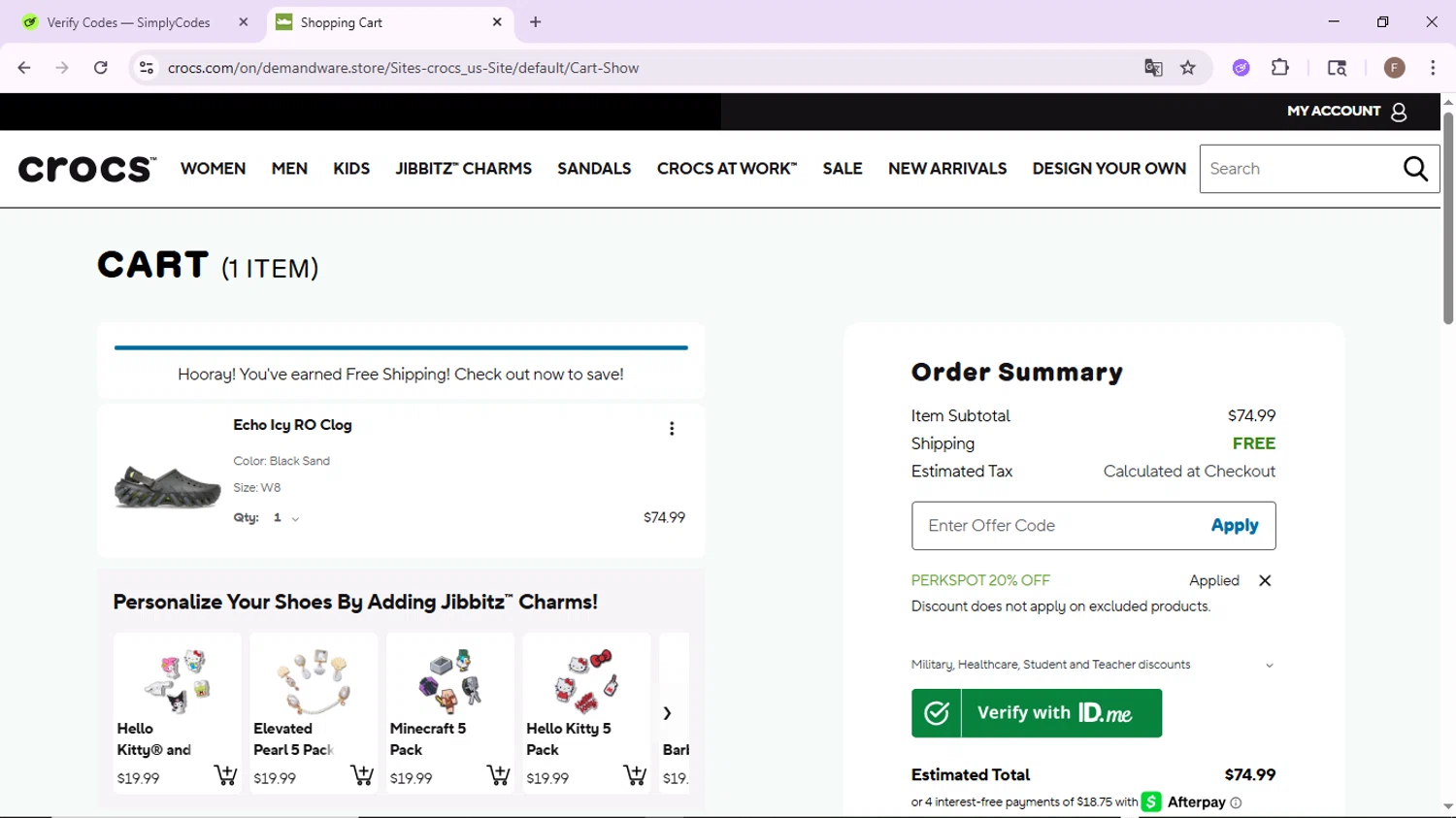Crocs promo code screenshot showing code PERKSPOT20 applied at Crocs checkout page. Uploaded by SimplyCodes community member CashLion2660 on Jul 25, 2025