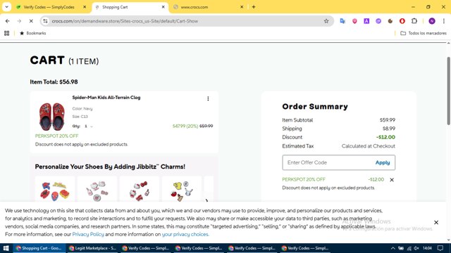 Crocs checkout page showing Crocs promo code box | Screenshot taken by SimplyCodes community member on Aug 23, 2025