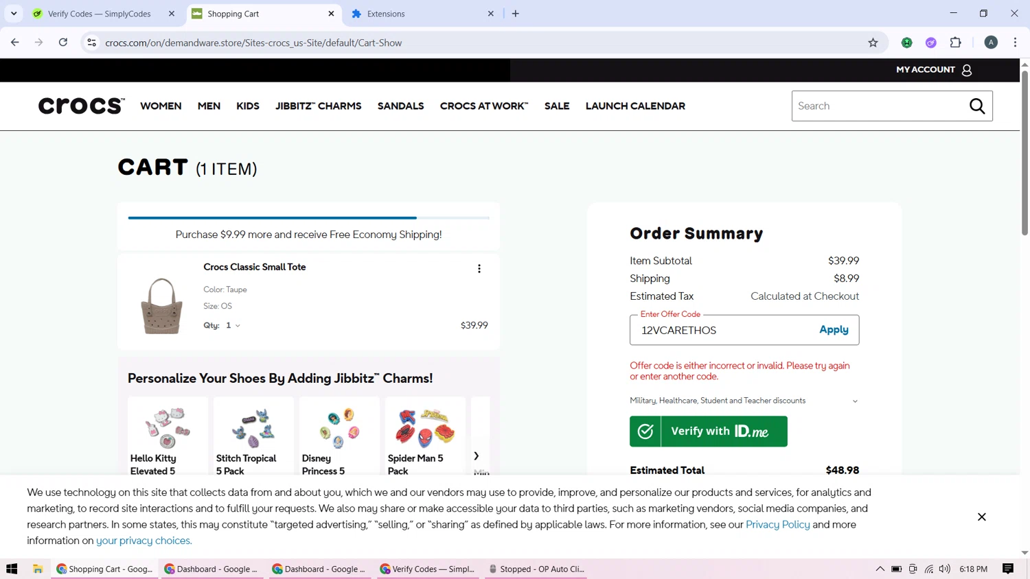 Crocs promo code screenshot showing code P8Q6F9ERJKO3 applied at Crocs checkout page. Uploaded by SimplyCodes community member BonusMonarch7015 on Aug 6, 2025
