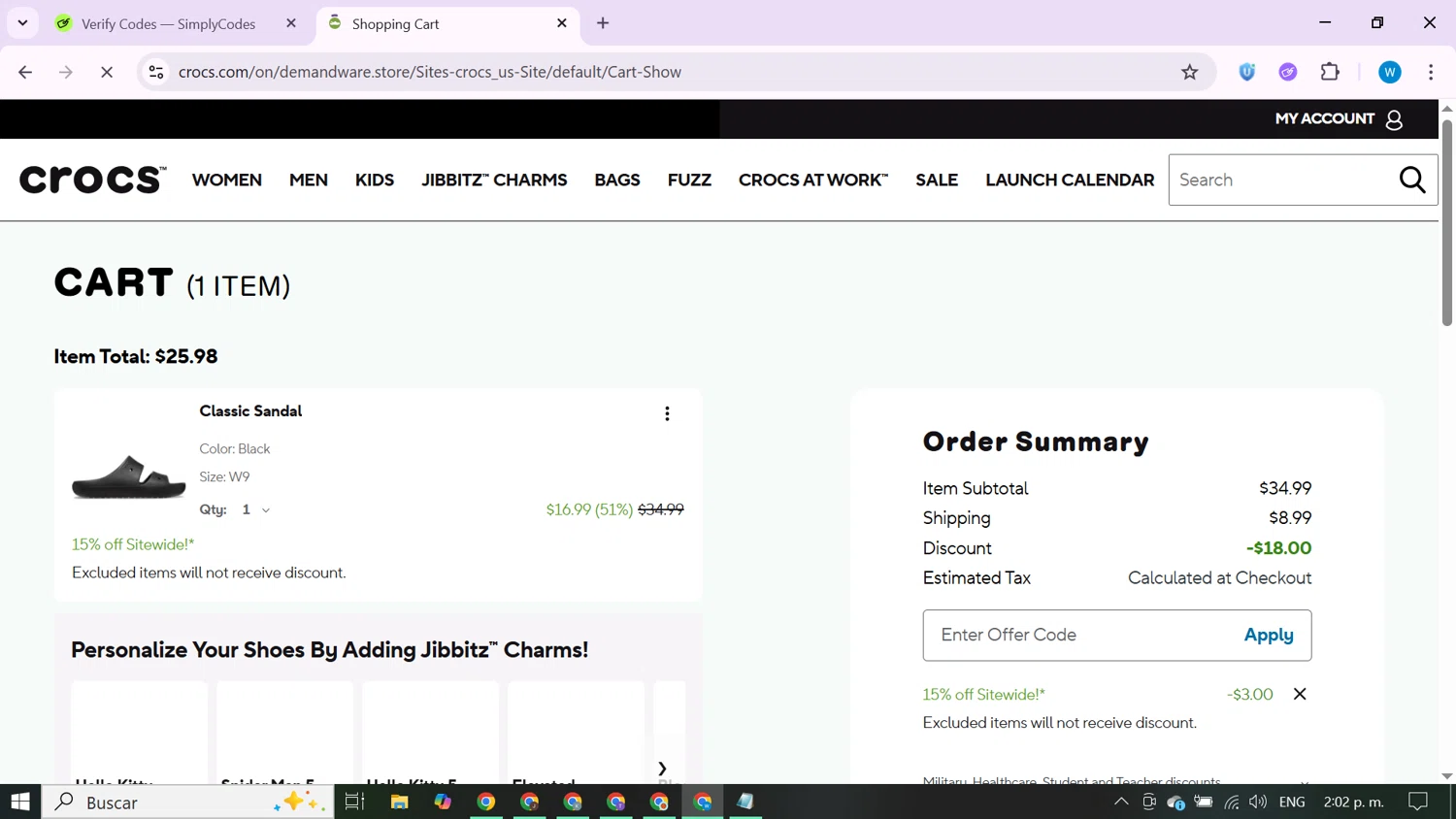 Crocs promo code screenshot showing code P8Q6F9ERJKO3 applied at Crocs checkout page. Uploaded by SimplyCodes community member CrownShopper7142 on Aug 23, 2025